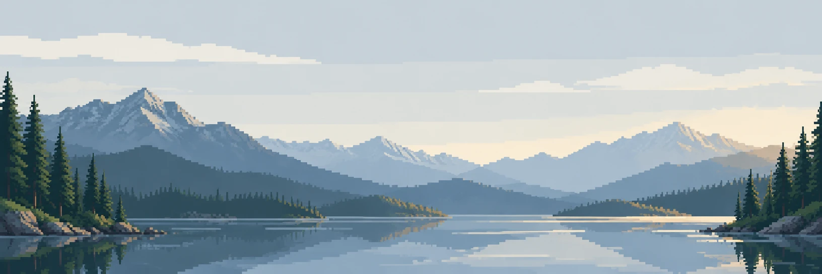 Pixel art of a mountain lake between pine covered shores, with snowy peaks reflected in still water.