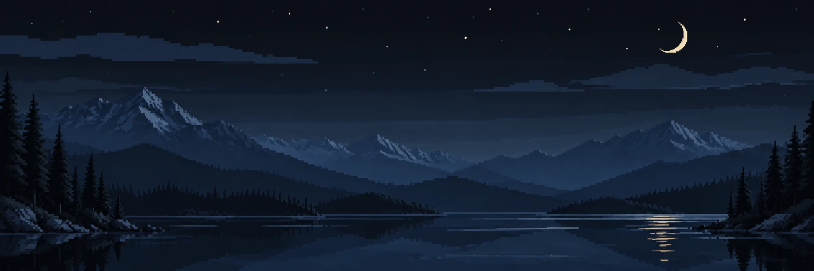 Pixel art of a mountain lake between pine covered shores, with snowy peaks reflected in still water.